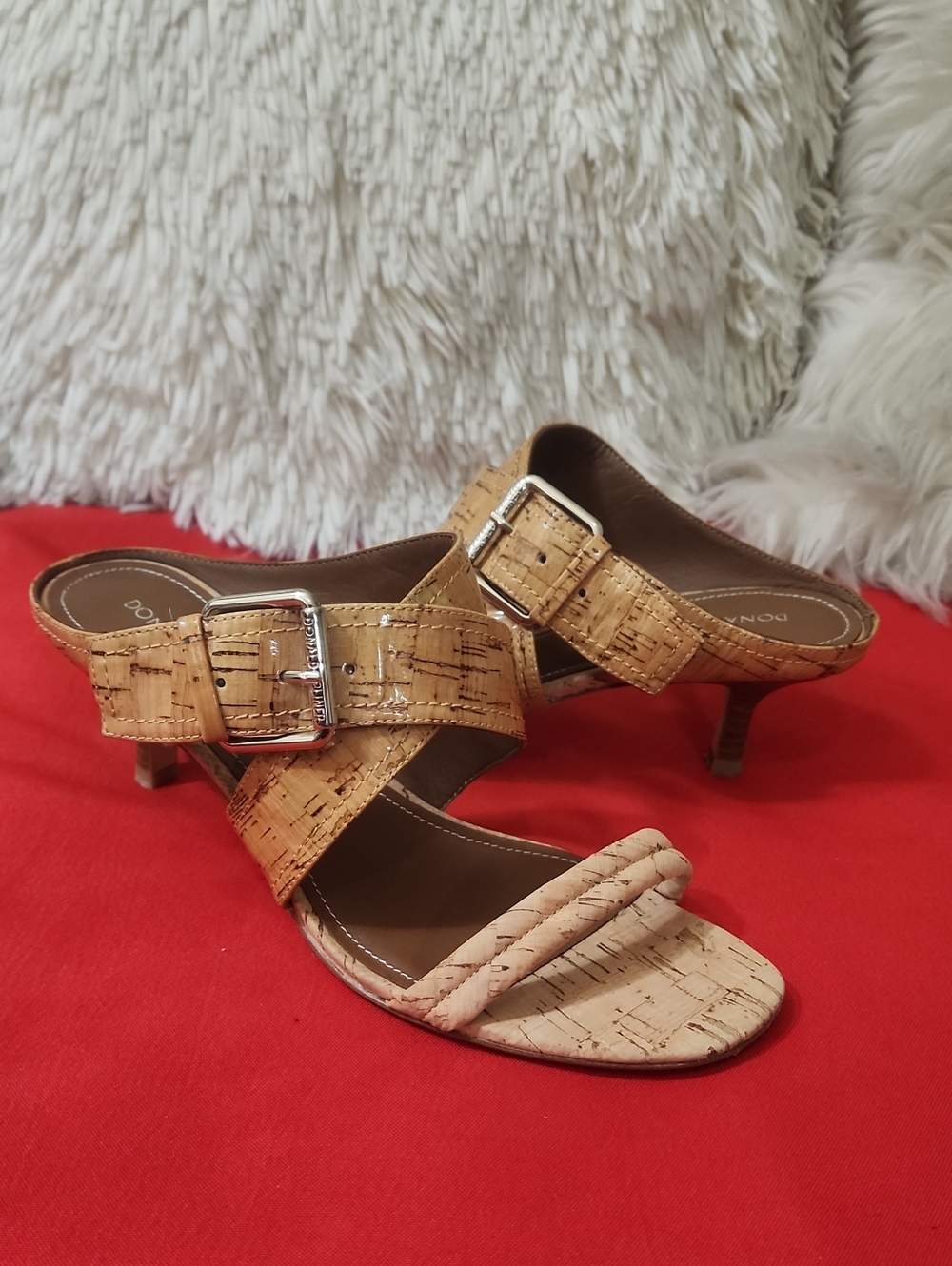 Donald J. Pliner Cork-Textured Tan Slide Heels with Buckle